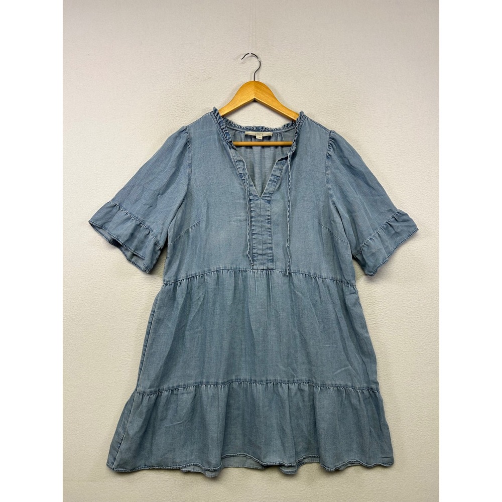 Coastal Boho LOFT Womens LP Blue Ruffle Tiered Chambray Smock Dress Cottagecore